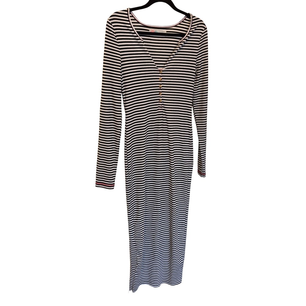 Free People Beach Striped Ribbed Knit Maxi Dress Black White Long Sleeve M
